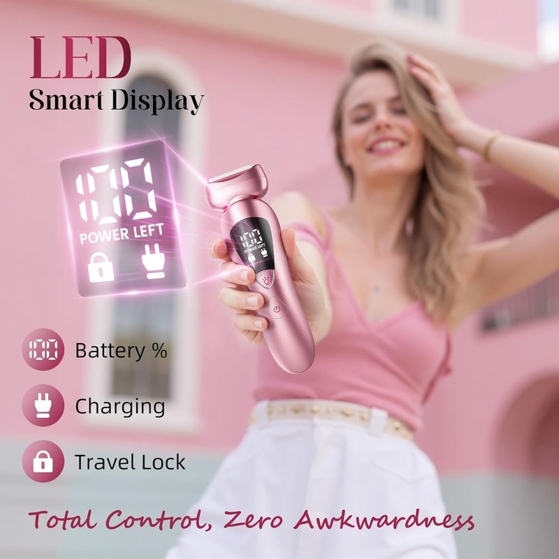 Cordless Electric Razor for Women - Rechargeable Painless Bikini Trimmer | Waterproof Shaver with LED Display - Light Pink
