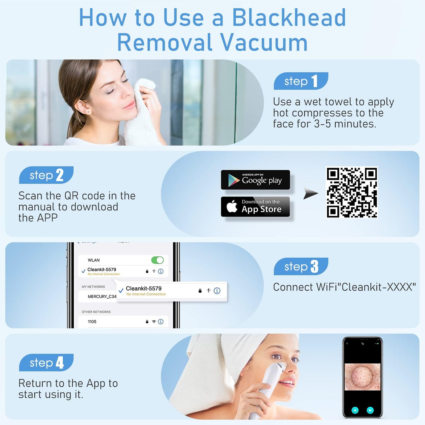 Facial Pore Blackhead Remover Vacuum, 1080P Camera Blackhead Remover, 20x Zoom, 8 LEDs & 3 Suction Modes, 800mAh Battery & USB - 6 Heads Pore Cleaner Kit for Women&Men(Blue)