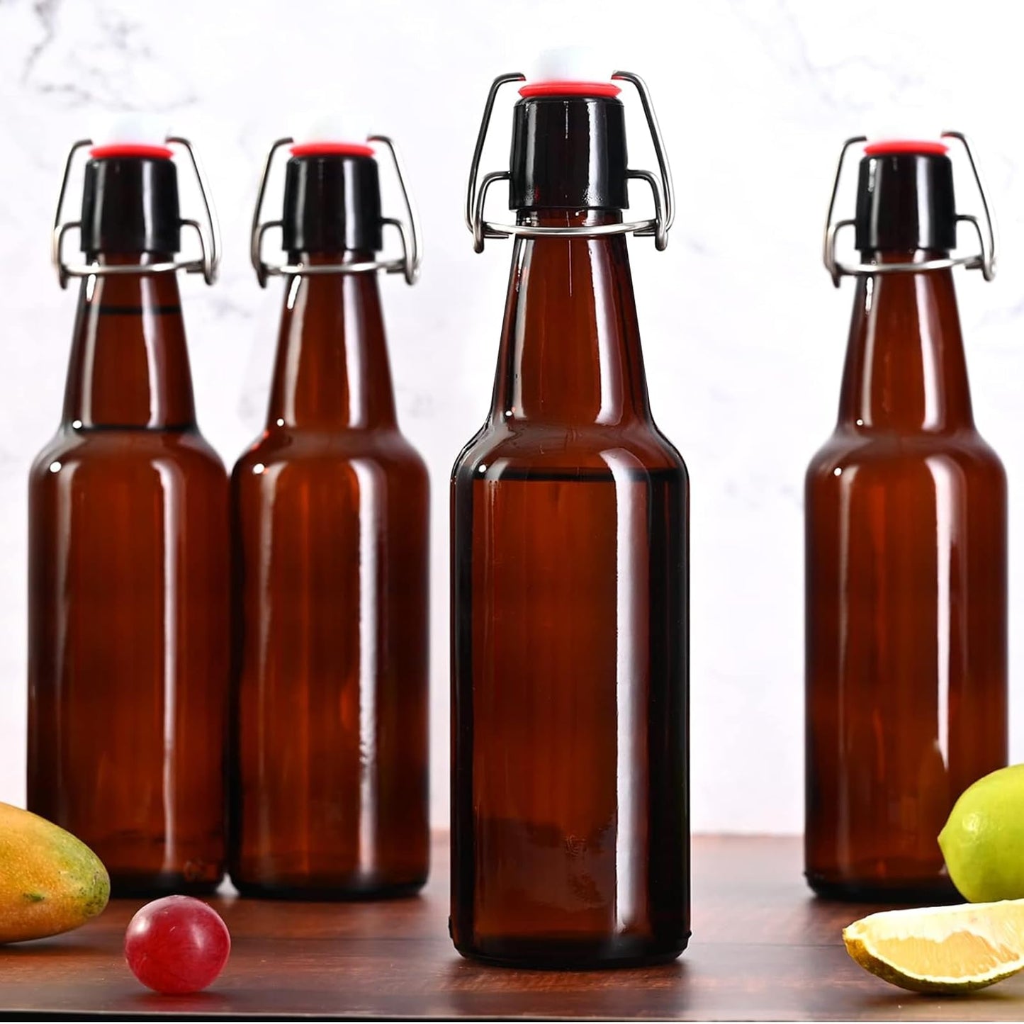 KITGLASCUP 16.5oz Amber Swing Top Glass Bottles for Airtight Lids, Home Brewing and Fermentation Kombucha, Vanilla Extract, Beverage, Water, Kefir (10 Pack)