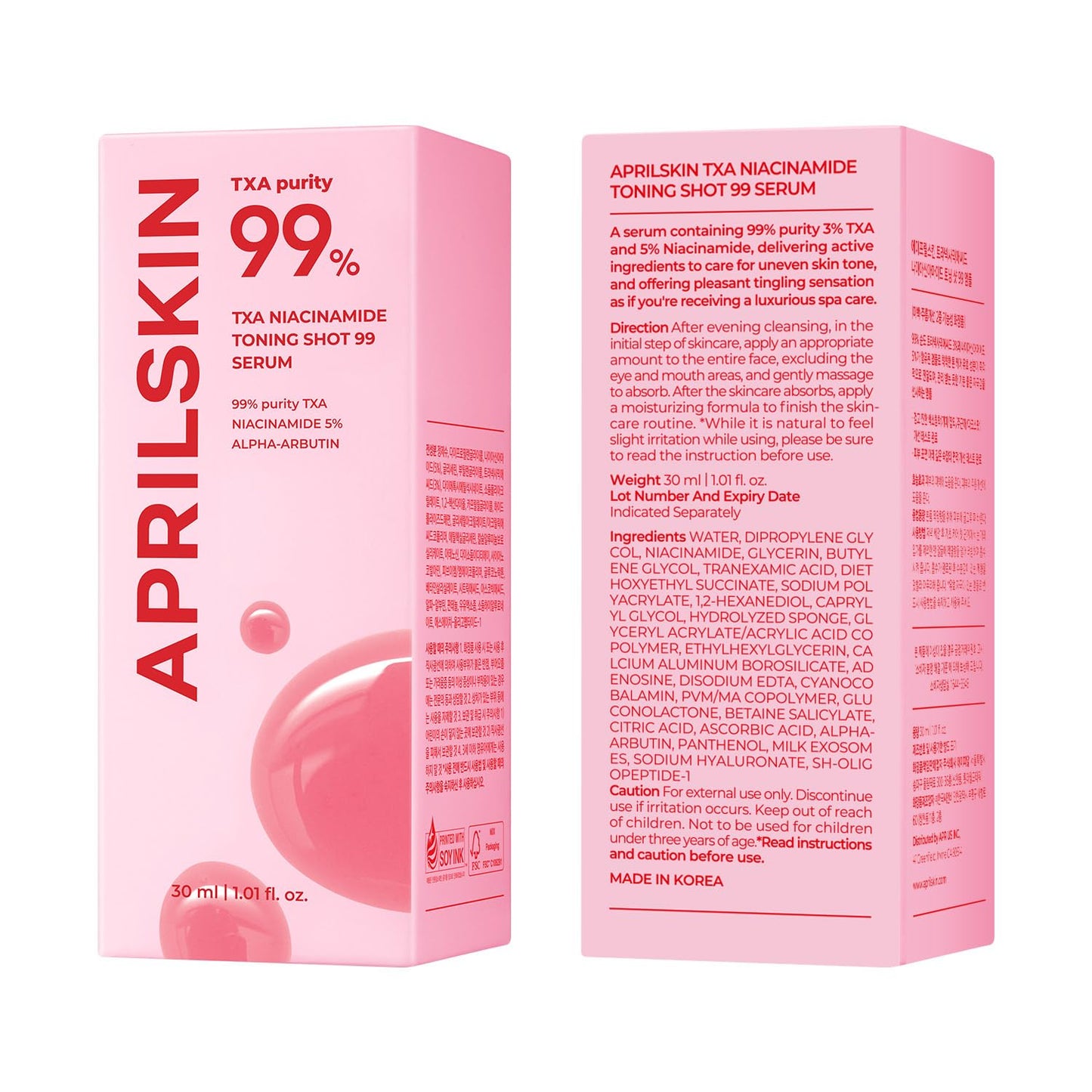 APRILSKIN TXA Niacinamide Toning Shot 99 Spicule Facial Serum|Skin Booster Serum for Brightening and Pore Care|99% High-Purity Tranexamic Acid 3% + Niacinamide 5%|Korean Skin Care|1.01 fl. oz.