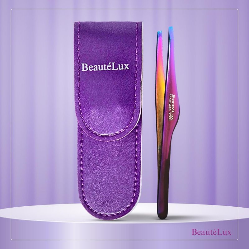 Beautélux Pro Series Purple Titanium Coated Tweezers – Precision Slant Tip Eyebrow Tweezers with Elegant Design, Professional Stainless Steel Hair Removal Tool with Purple Leather Pouch