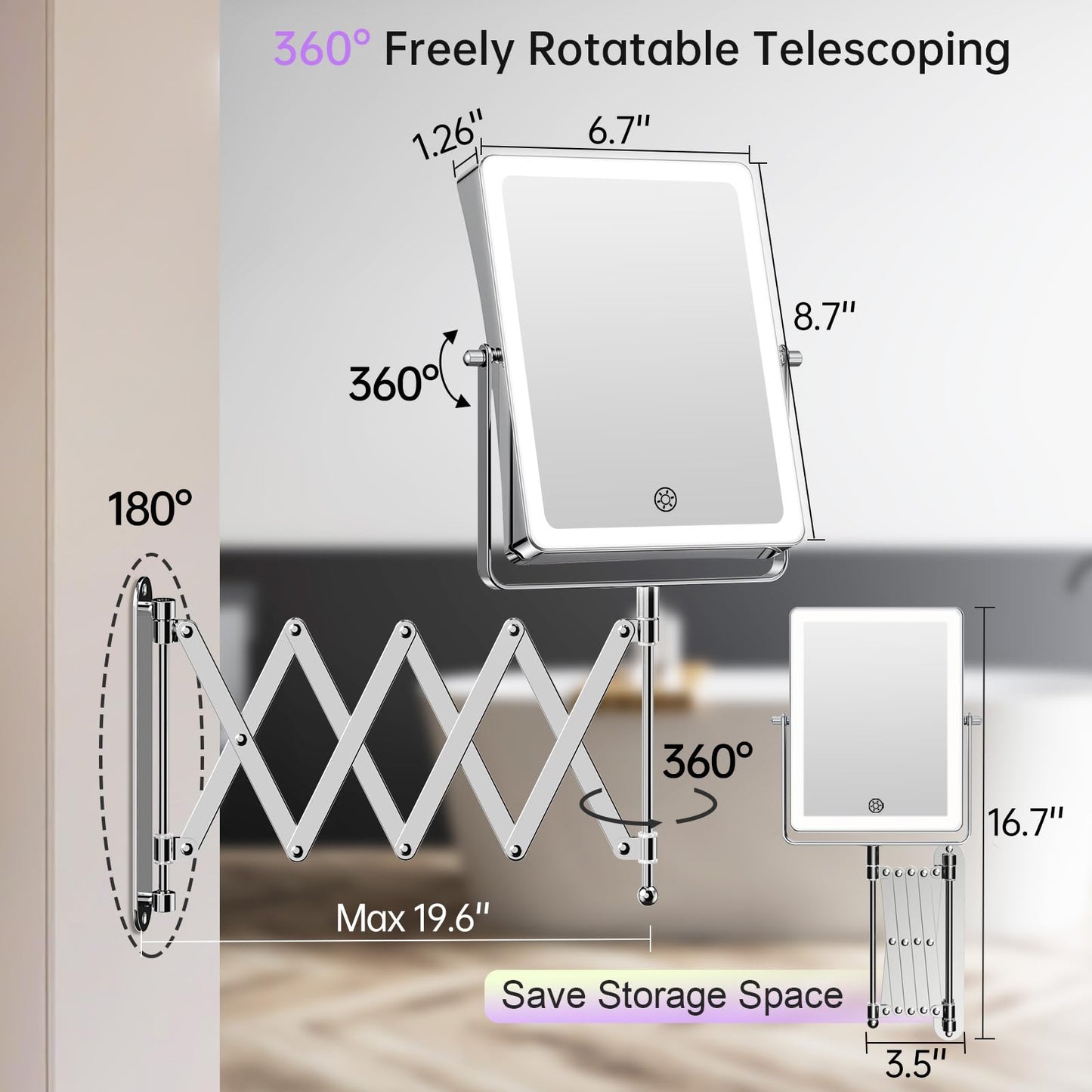 FASCINATE 5000mAh Rechargeable Wall Mounted Makeup Mirror with Lights, 8.7 Inch Double Sided Touch Switch 1X 30X Magnifying Bathroom Mirror, 3 Color Lights Dimmable Extended Arm 360°Rotation (Chrome)