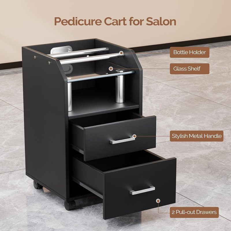 Pedicure Cart with Storage Drawer - Portable Black Salon Station for Estheticians | Foot Bath Trolley with Locking Wheels