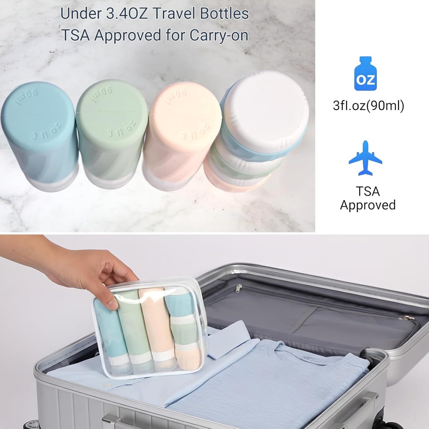 Travel Bottles for Toiletries - TSA Approved 3oz Leak-Proof Silicone Containers Kit | 11 Pack with Toiletry Bag