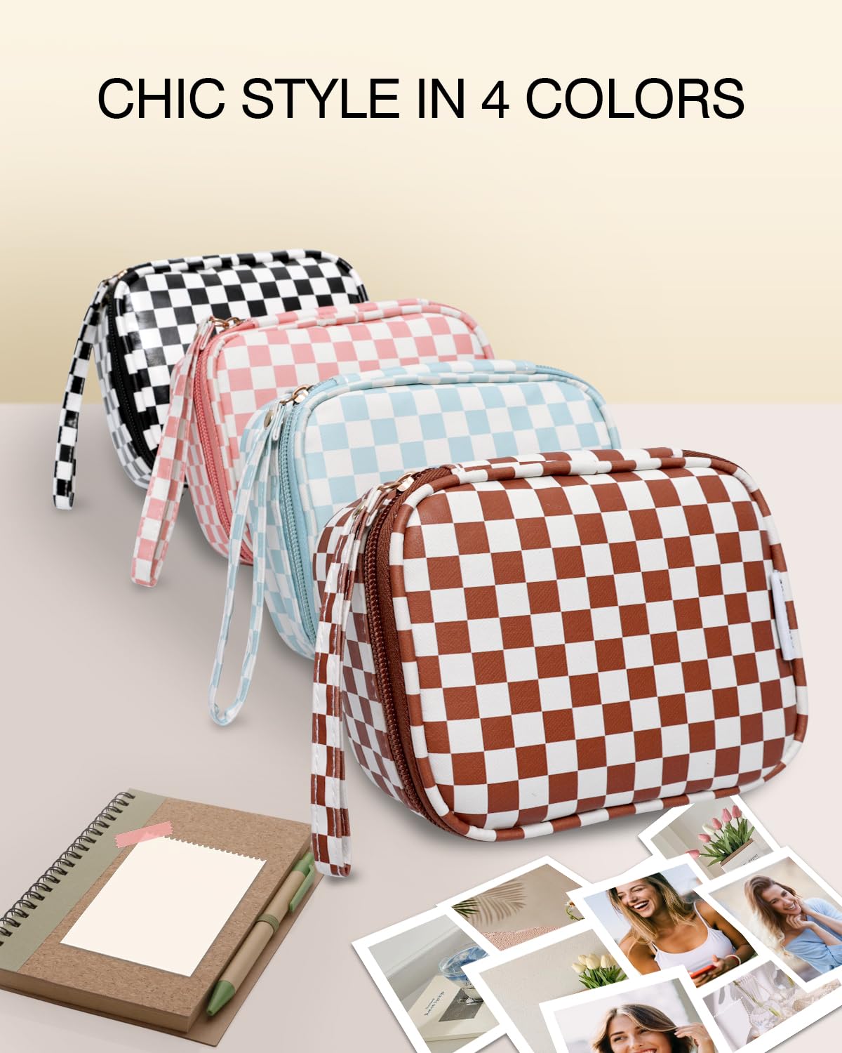 GENBECACHE Mini Cosmetic Bag, Small Makeup Bag for Purse, Zipper Checkered Pouch, Packing Cube for Travel with Wrist Strap, Brown
