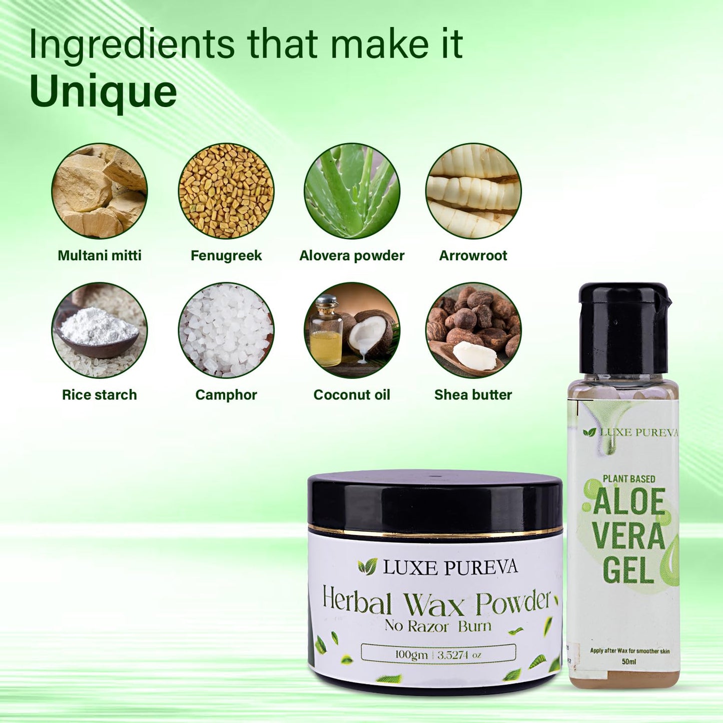LuxePureva Herbal Hair Removal Kit (Herbal Wax Powder-3.52oz with Applicator Brush and Aloe Vera Gel 50ml)