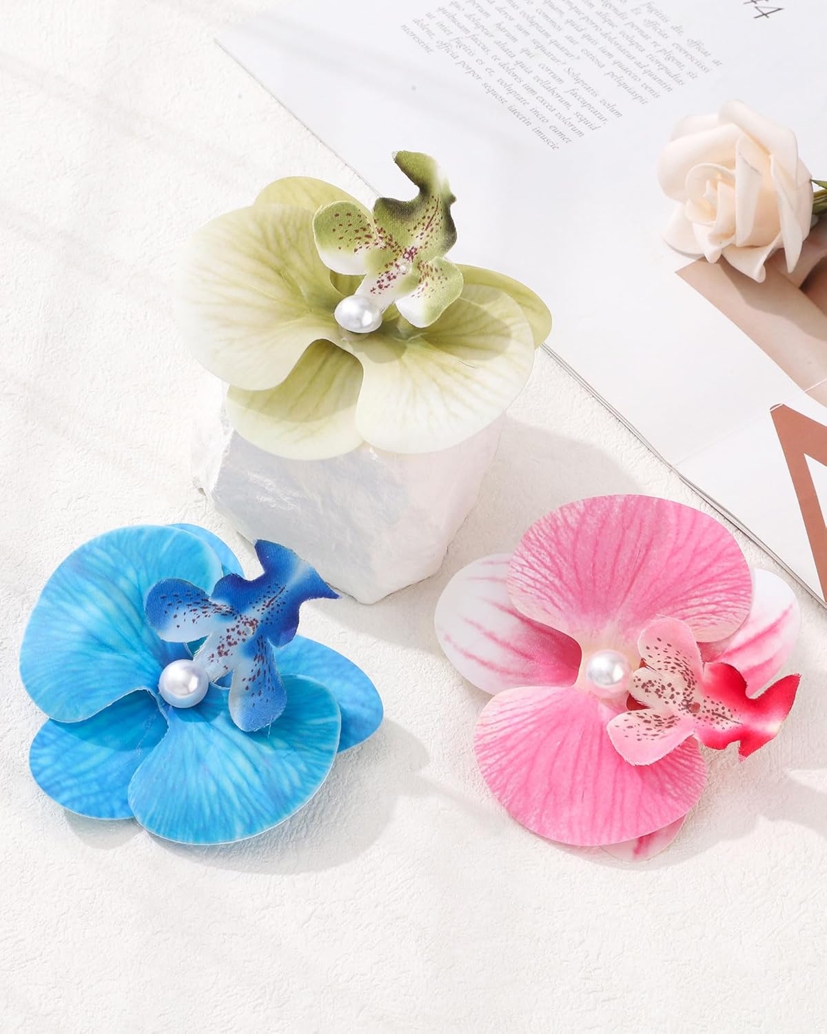 Hawaiian Flower Hair Clips - 3Pcs Butterfly Orchid Barrettes | Summer Beach Accessories (Green, Pink, Blue)