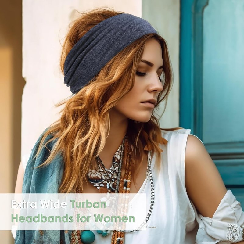 Extra Wide Headbands for Women - 7'' Cotton Turban Knotted Bandanas | Non-Slip Boho Hair Accessories - 6 Pack