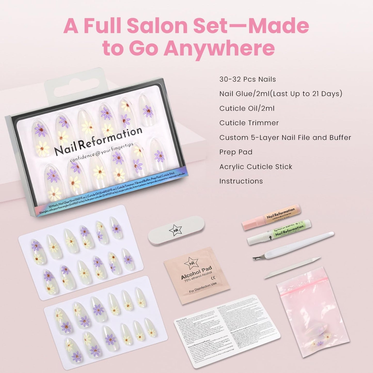 Nail Reformation Press On Nails, Silver Thistle | 3D Floral Medium Almond Fake Nails in Lavender & Gold Shimmer in Glossy Finish, Reusable Stick On Nails in 15 Sizes - 30 Nail Kit for Women Gifts