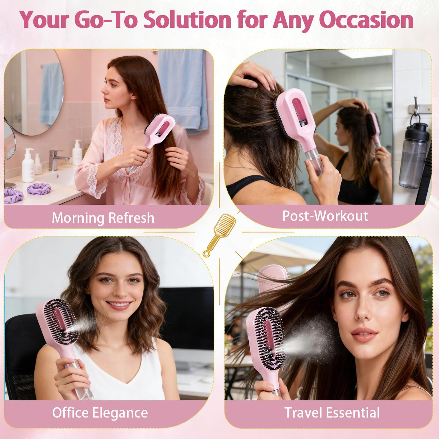 Hair Brush with Water Spray, 2-in-1 Detangling Tool for Frizz Control, Works on Wet & Dry Strands, Portable Mist Comb for Thick, Curly & Fine Textures(2pcs pink)