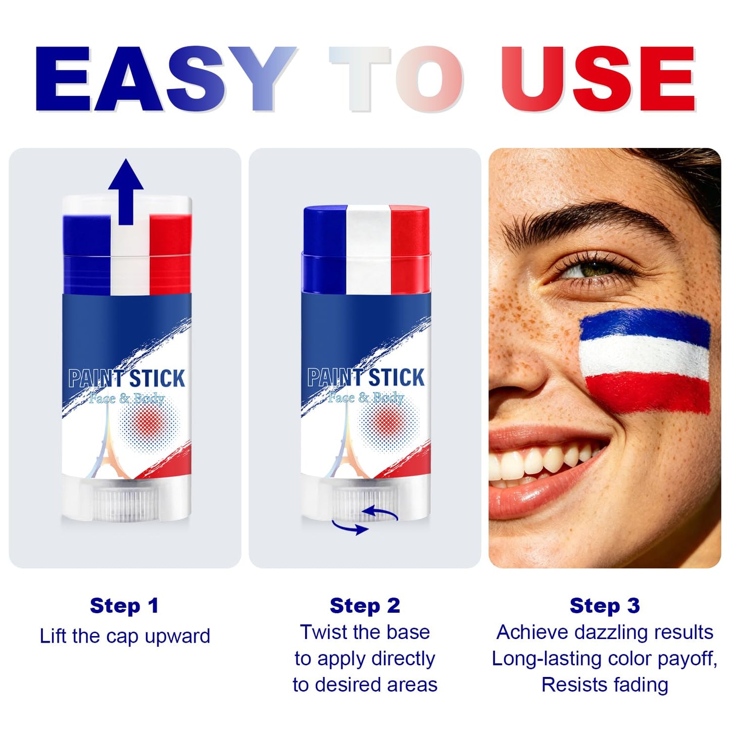 Blue White and Red France Face Body Paint Stick for 2026 World Cup Fan Soccer Baseball Softball Sports Eye Black Stick Makeup (France)