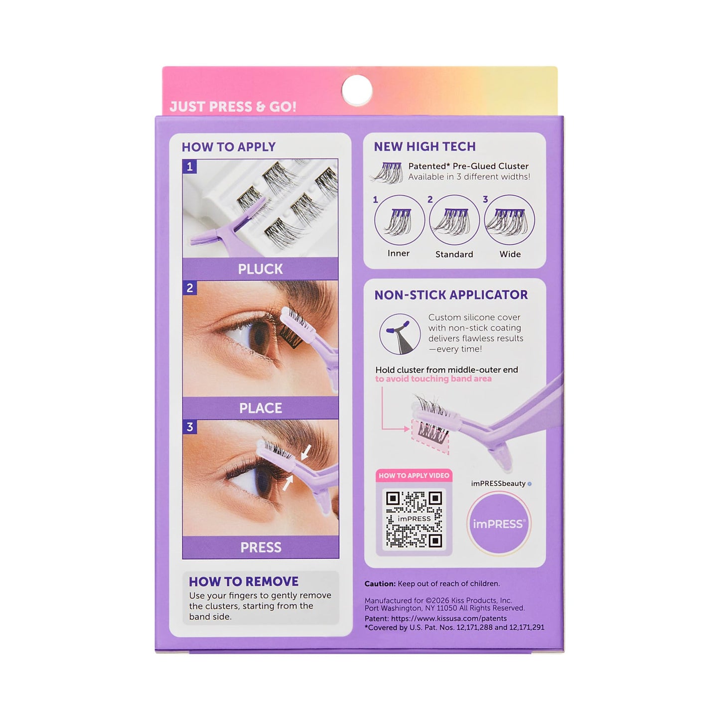 Kiss Impress Falsies Self Adhesive Eyelashes, Press On Lashes, 12mm-14mm Natural Volume Lashes, Black, No Glue Needed, Invisible Band, 36 Lash Clusters & Non-Stick Applicator - Natural