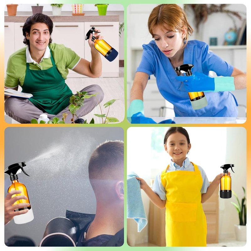 Zenowick Glass Spray Bottles - 16 Oz Refillable Containers with Silicone Sleeve | Adjustable Nozzle for Cleaning & Essential Oils (Amber)