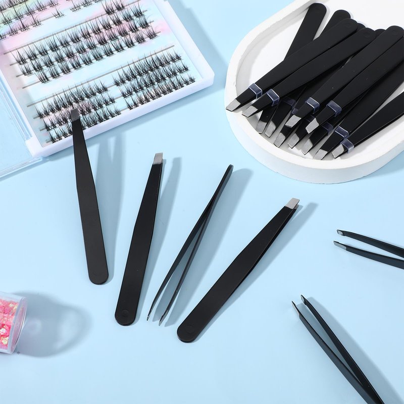 100pcs Slanted Eyebrow Tweezers, Black Stainless Steel Precision Tweezers for Facial Hair, Ingrown Hair, Lash Extensions & Personal Grooming - Bulk Professional Set