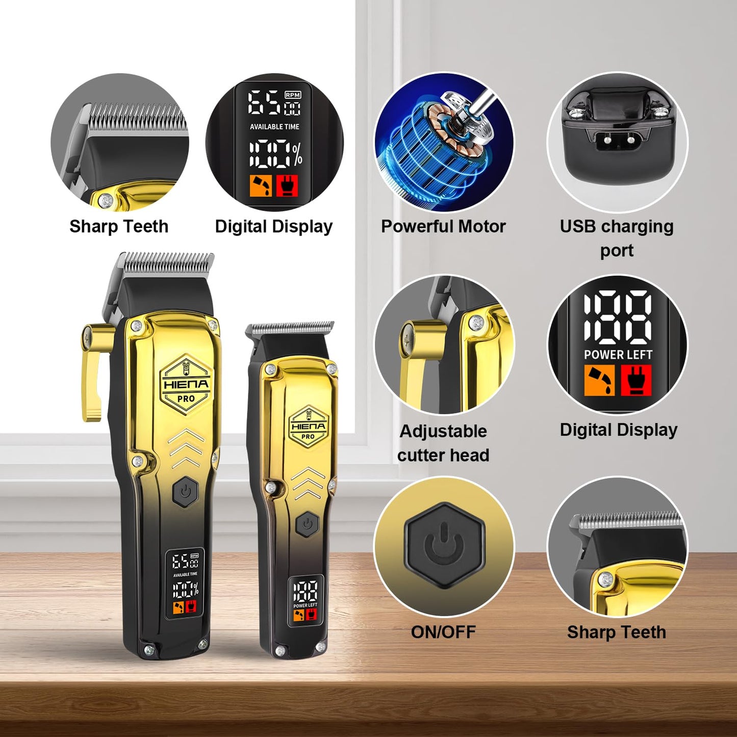 HIENA PRO Professional Hair Clipper Set and Trimmer Kit, Rechargeable Barber Clippers, Cordless Hair Cutting Tools with LED Display, USB Charging, Perfect Gifts for Men