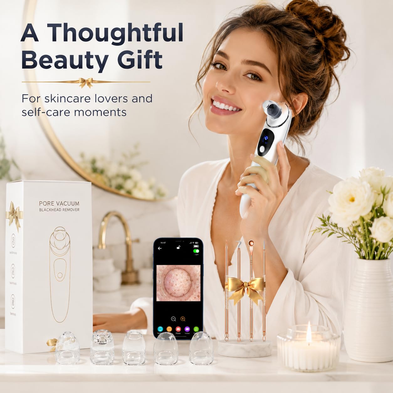 2026 Blackhead Remover with Camera, Pore Vacuum Cleaner with USB, Facial Pore Cleaner for Nose, 6 Suction Heads & 4 Skin Tools, At-Home Skincare Tool for Women & Men-White