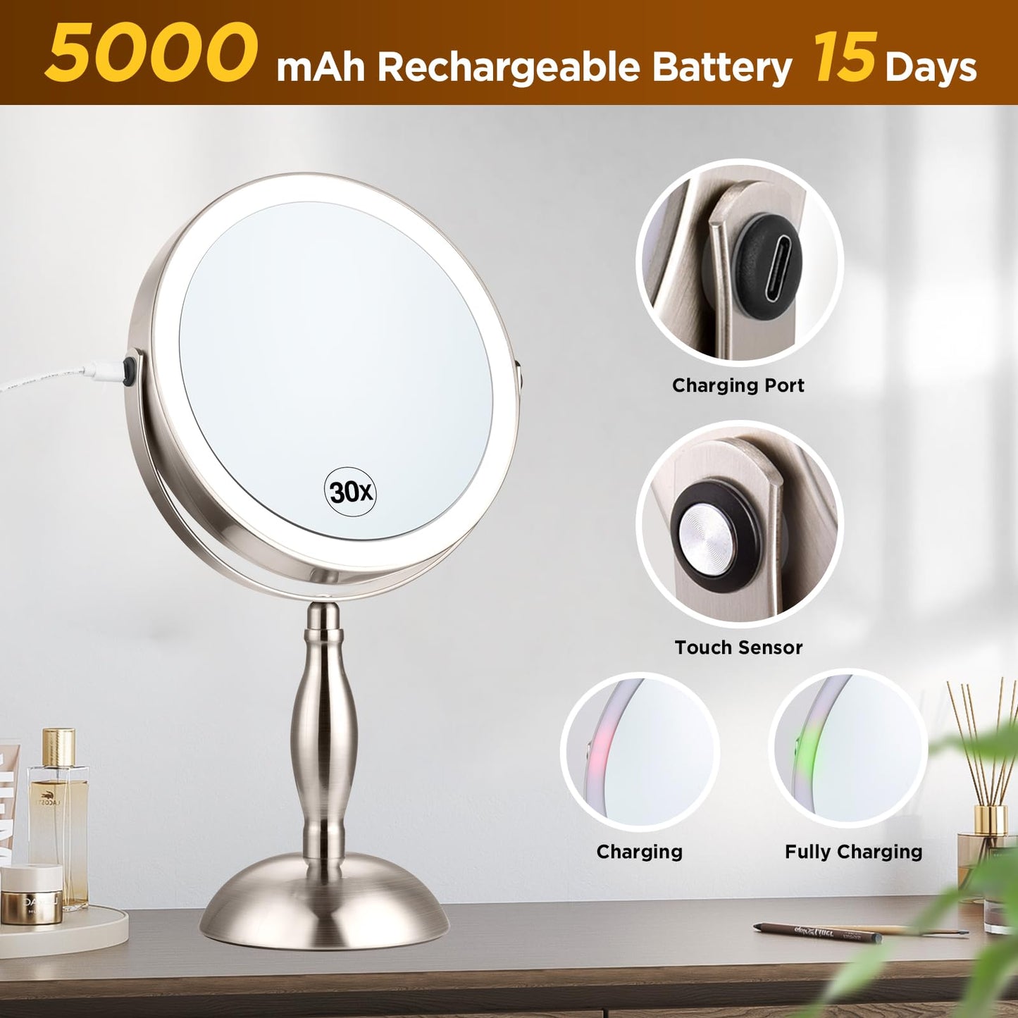 Makeup Mirror with Light, 30x Magnifying Mirror with 3 Lights Colors, 5000mAh Vanity Mirror Brushed Nickel - 360° Rotation, Brightness Adjustable Magnification, Modern Style Side Touch + Side Charge