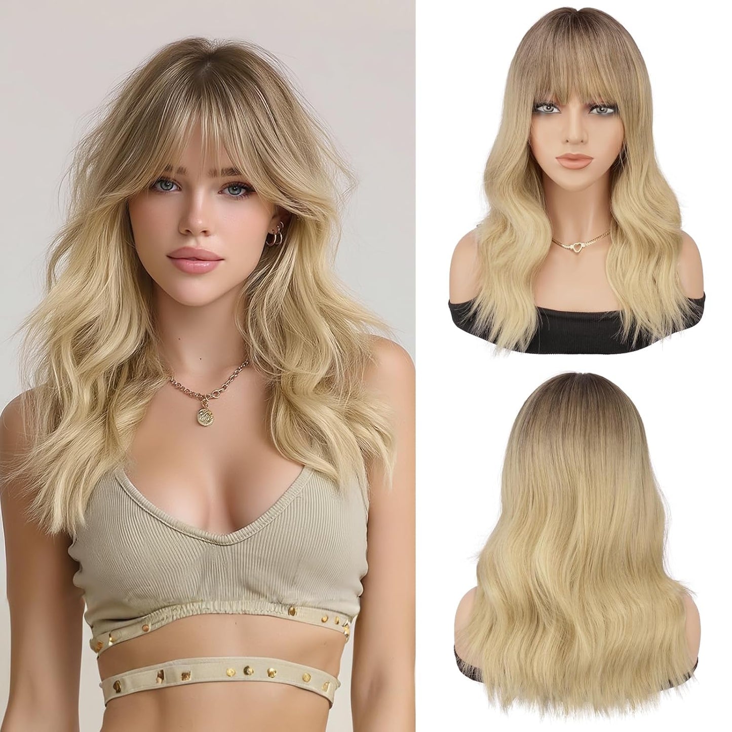 Brown Wigs with Bangs - 19 Inch Natural Wavy Synthetic Heat Resistant Hair for Women | Blonde Mixed Brown