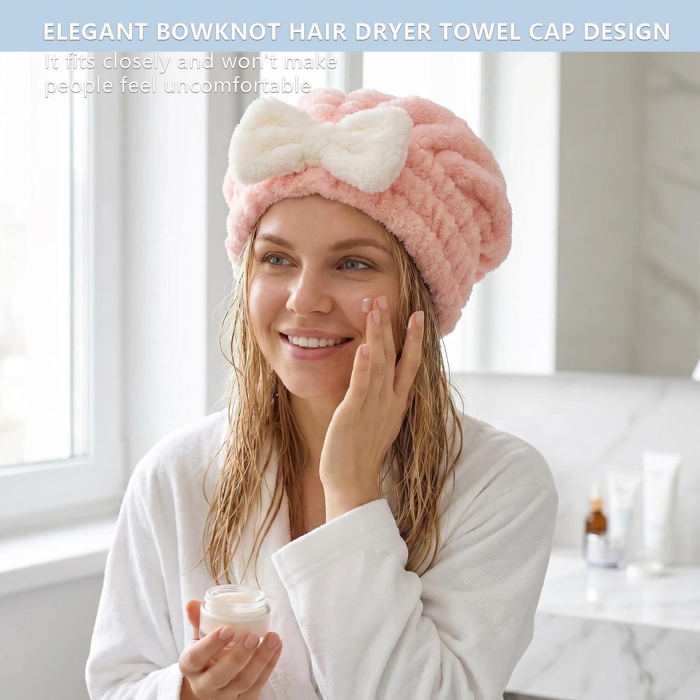 AZSRKRBM 4-Pack Microfiber Hair Towel Cap for Short/Medium Hair, No Twist, No Tug, Soft Absorbent Drying Hat with Bow for Women - Great for Skincare, Makeup, Shower