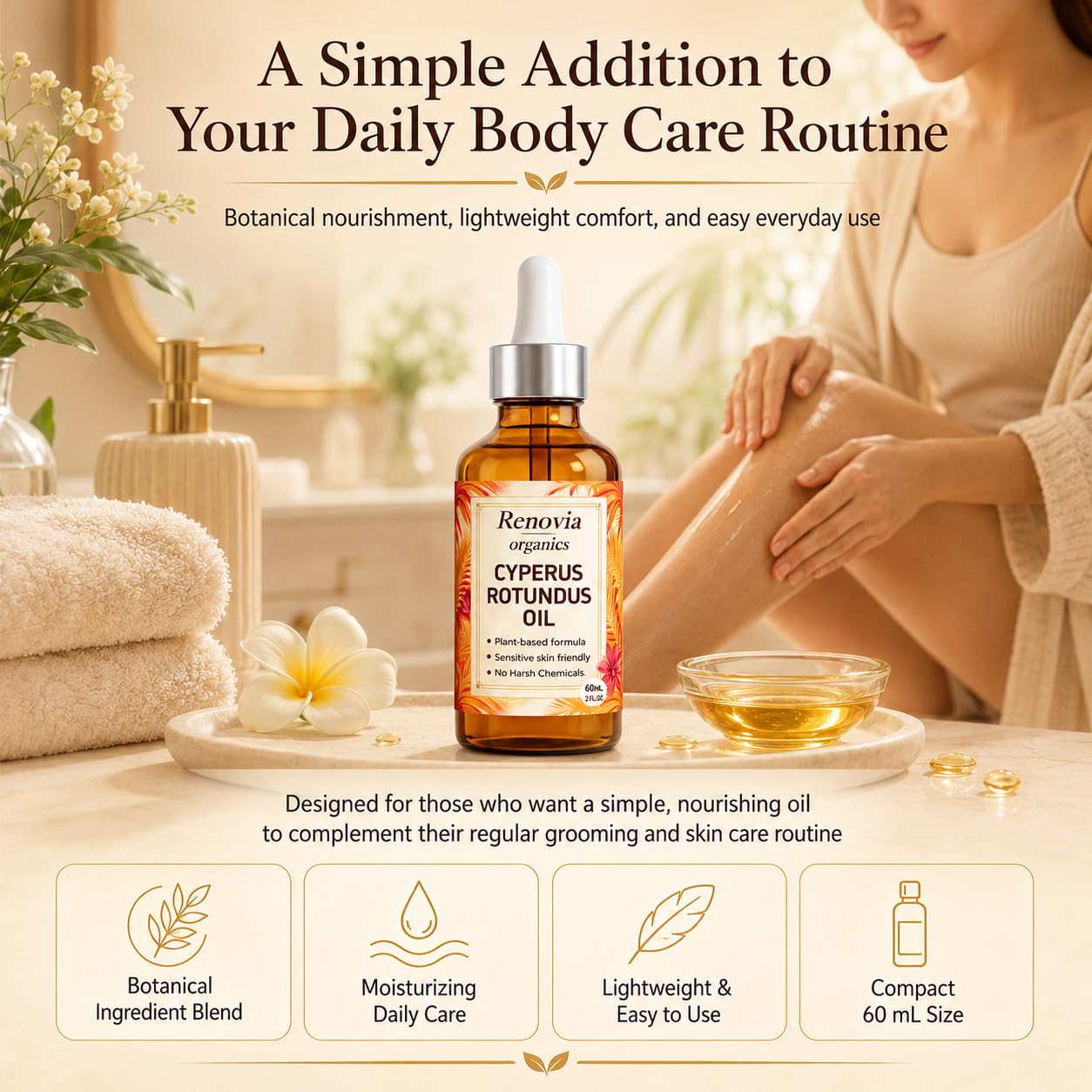 Renovia Organics Cyperus Rotundus Oil, Renovia Organics Hair Removal, with Peppermint Extract, Natural Ingredients for Nourishment & Soothing, 60 Ml (2 Fl. Oz.)