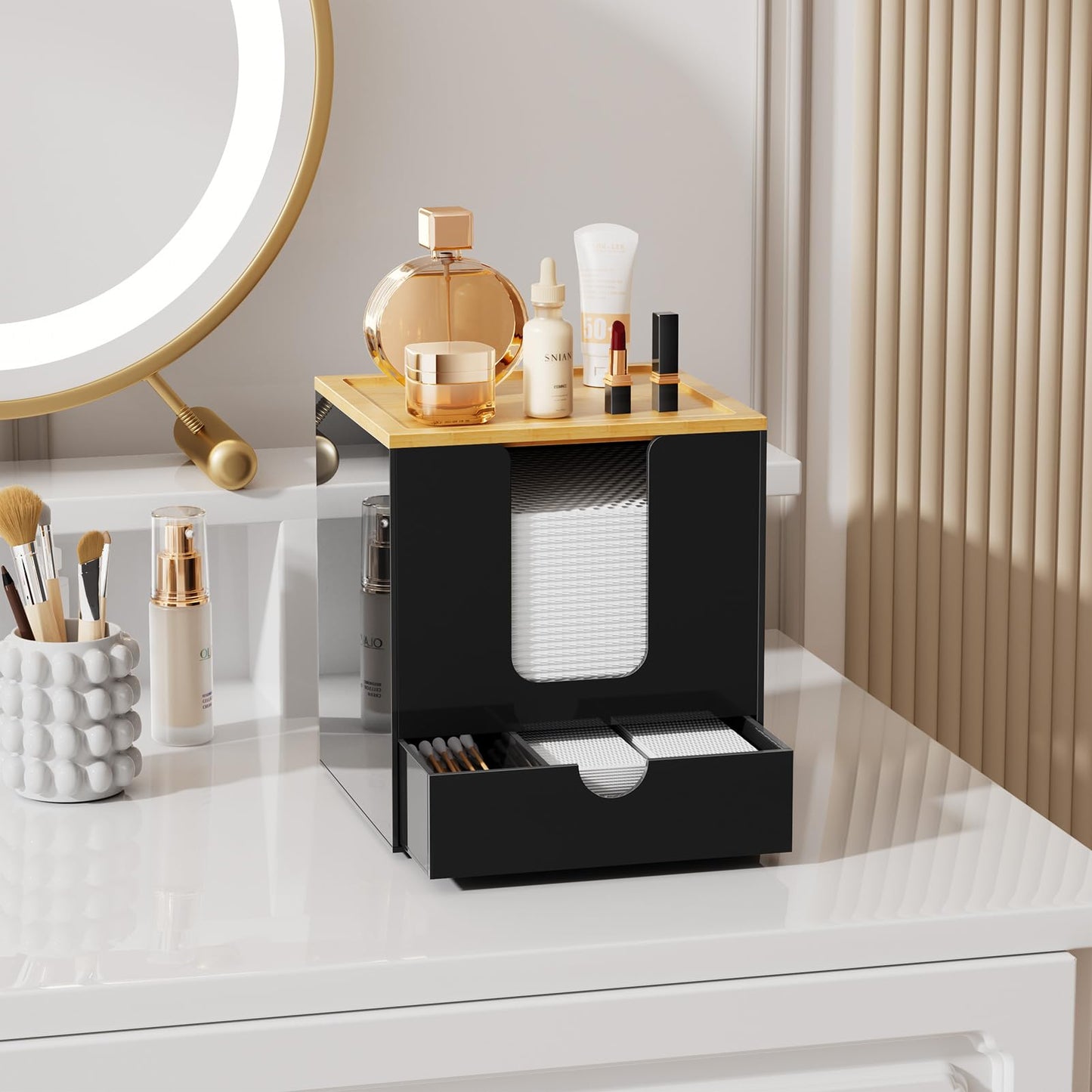 VITVITI Disposable Face Towel Holder for Clean Skin Club, Acrylic Bamboo Facial Towel Holder Box with Drawer, XL Face Towels Container for Bathroom Vanity Makeup, Black