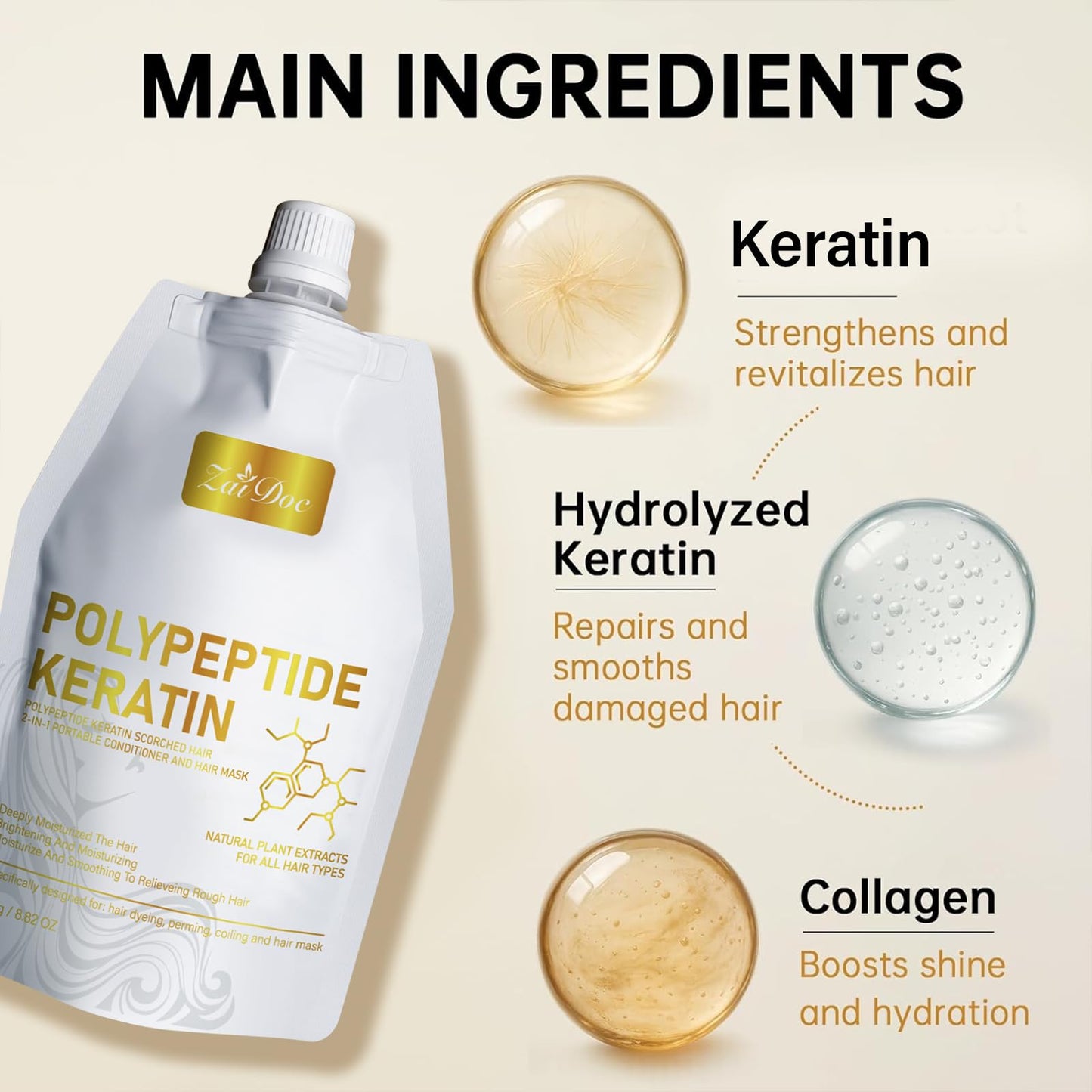 ZAIDOC Keratin Hair Mask, 2 Pcs Peptide Deep Conditioner Treatment for Damaged, Dry, Color Treated Hair, Intensive Repair with Jojoba&Rosemary Oil, 8.82oz