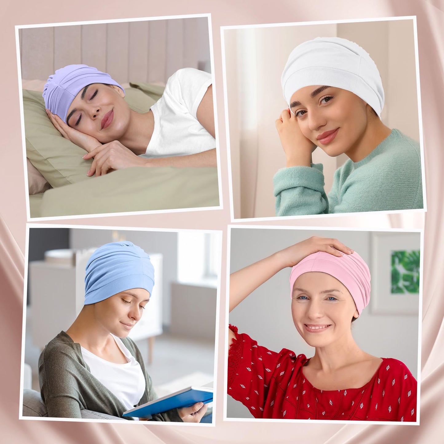 JenPen 4 Pcs Silk Satin Sleeping Bonnet for Women, Soft Chemo Satin Lined Headwear, Stay on All Night Hat for Curly Long Hair(Purple, White, Flesh Pink, Sky Blue)