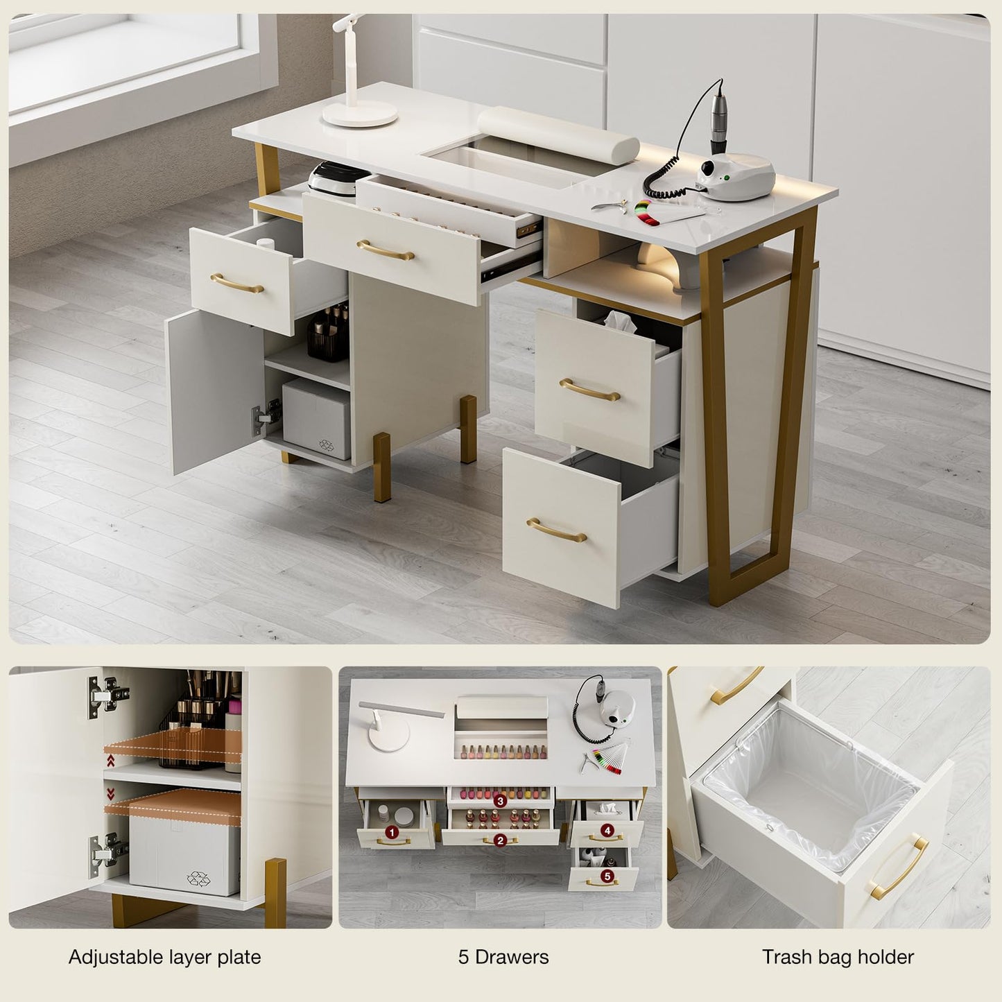 Belandi Manicure Table for Nail Tech, Modern High Glossy Nail Desk w/Metal Frame, Nail Station w/4Drawers & 2 Cabinets, Acetone-Resistant Salon Beauty Workstation (White)