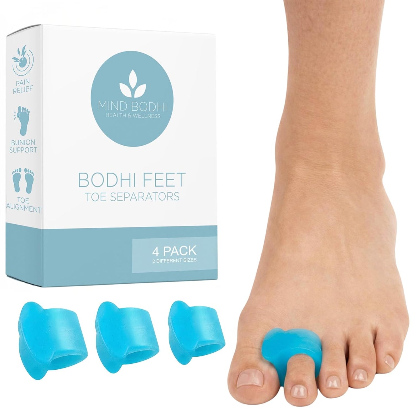 Toe Separators for Bunions - Mind Bodhi 4-Pack Single-Loop Spacers | Clear Design for Men & Women