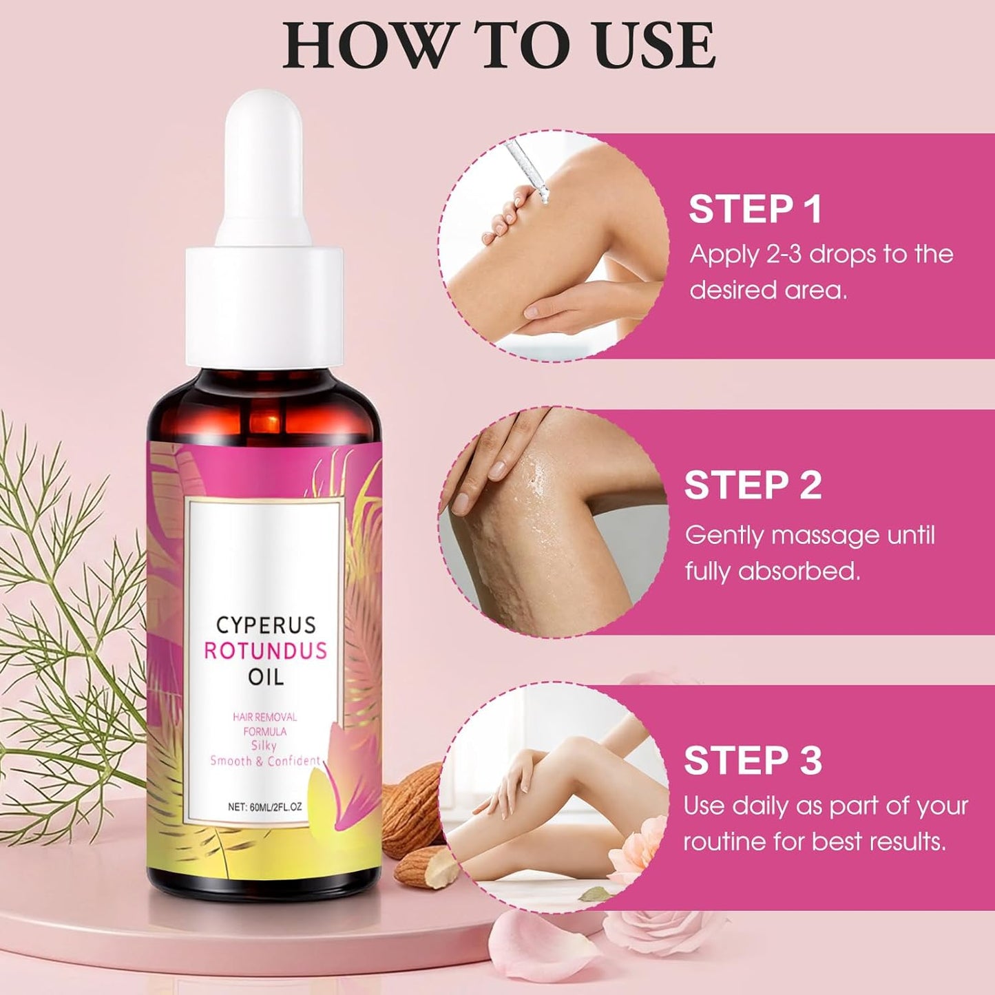 Cyperus Rotundus Oil for Hair Removal - 60ml Natural Moisturizing & Soothing Oil with Jojoba & Tea Tree for All Skin Types