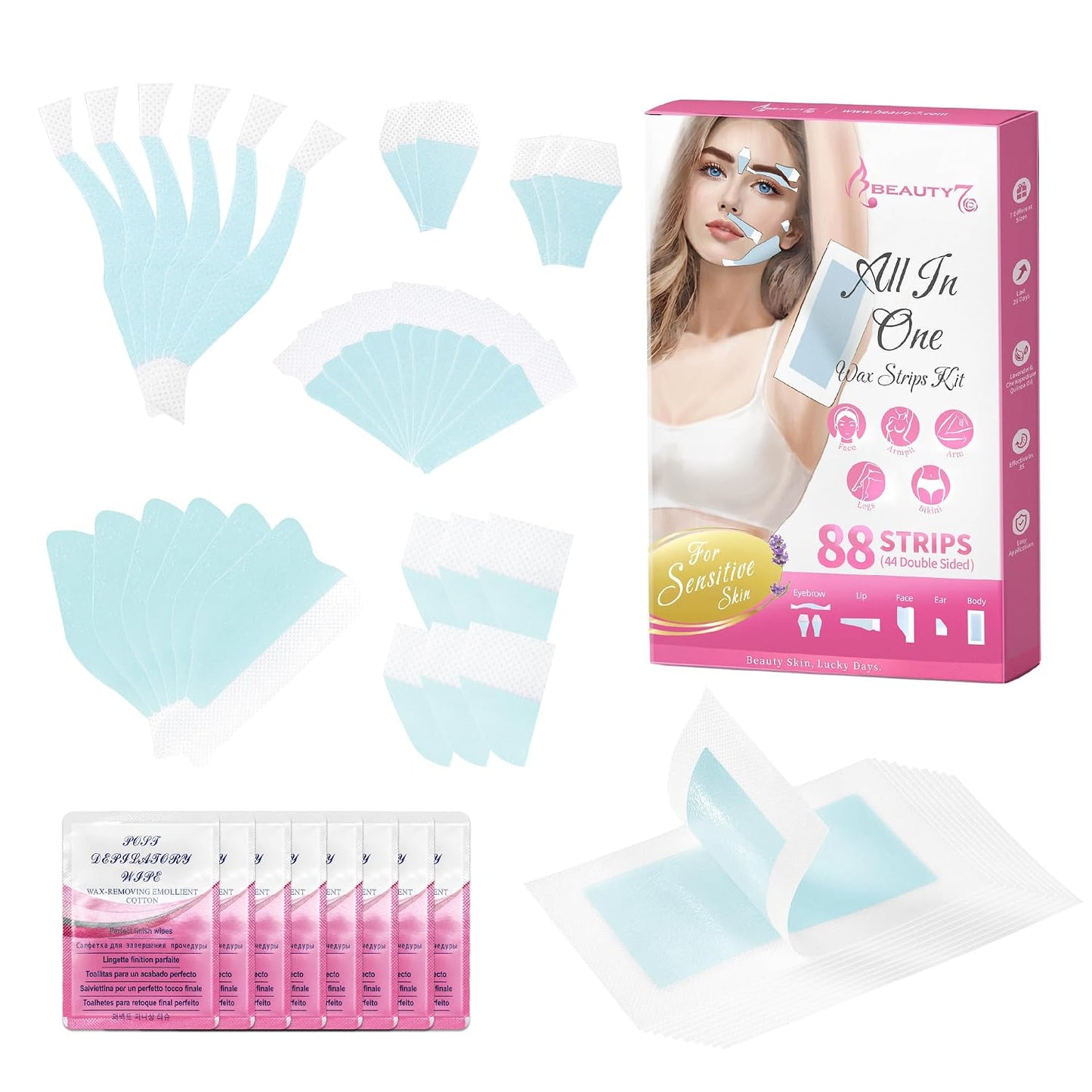 Eyebrow Wax Strips - 88pcs All-in-One Body Wax Strips for Hair Removal | Includes 8 Calming Oil Wipes, Suitable for All Skin Types