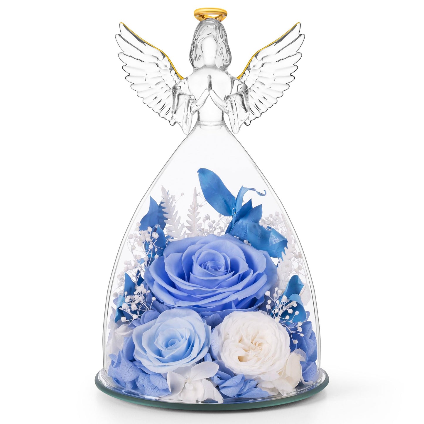 AIMEYE Mothers Day Roses Gifts for Mom,Forever Preserved Real Flowers Roses in Glass Angel Figurines,Mothers Day Flowers Gifts for Women Mom Wife Grandma from Daughter/Light Blue