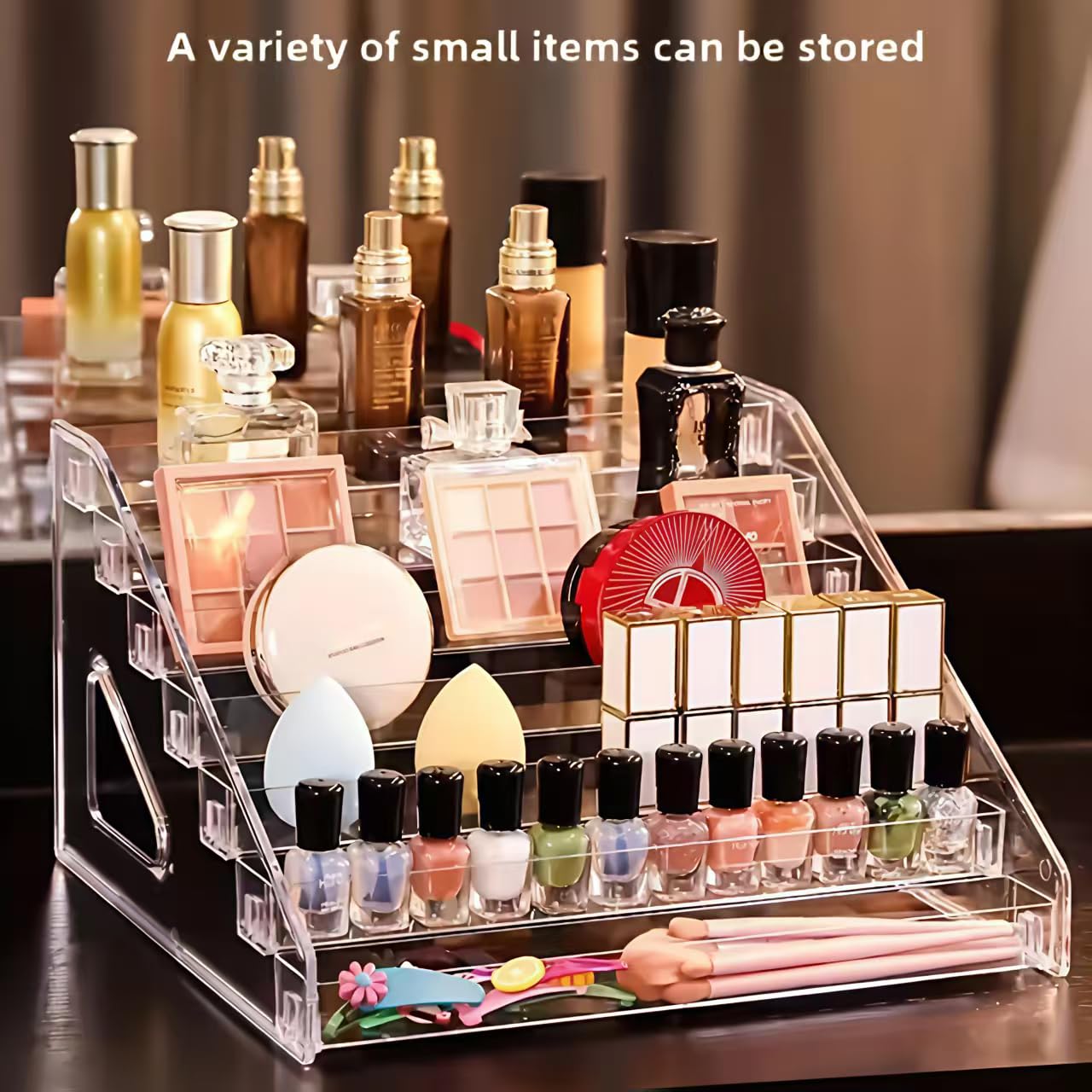 YICBOR Nail Polish Rack, 7 Layers Clear Plastic Nail Polish Storage Organizer Display, Freestanding Makeup Caddy for Sunglasses, Cosmetics (7 Layers)