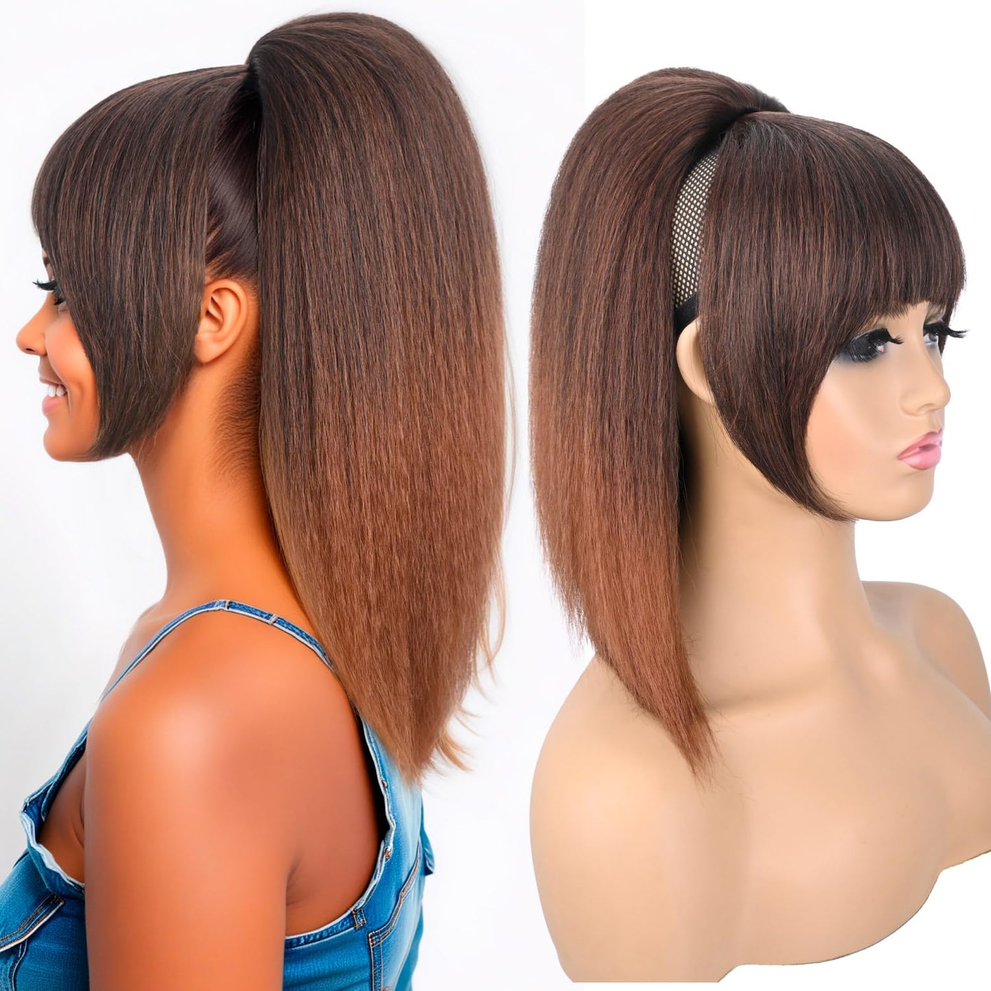 Ponytail Extension with Bangs - Yaki Straight Synthetic Hairpiece | 16-Inch Clip-In for Black Women (Black Brown)