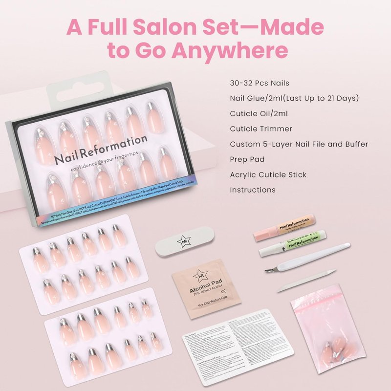 Press On Nails - Sheer Nude Medium Almond with Metallic Silver French Tip & Pearl | 15 Sizes, Reusable Stick-On Nail Kit for Women