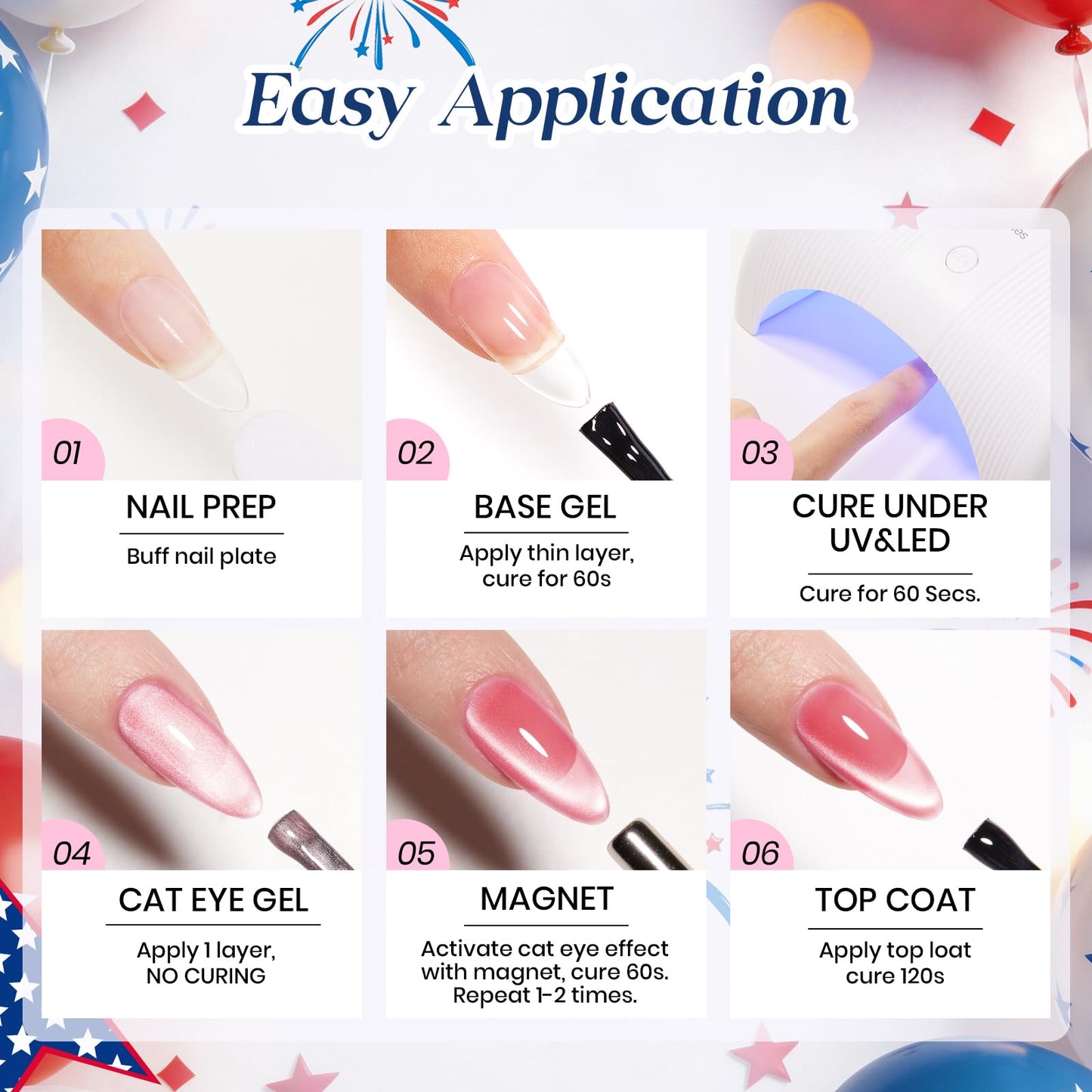 Beetles 4th of July Gel Nail Polish Set, 6 Colors Red White Blue Cat Eye Gel Polish Sliver Glitter Gel Polish with Magnet & Stickers, Patriotic DIY Nail Art Gift for Women