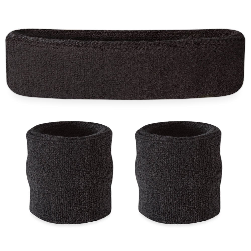Suddora Sweatbands Set, Moisture Wicking 2 Wristbands and 1 Headband, Breathable Terry Cloth Athletic Bands for Basketball, Tennis, Yoga, Gym, Sweat Bands for Costumes and Cosplay, Black