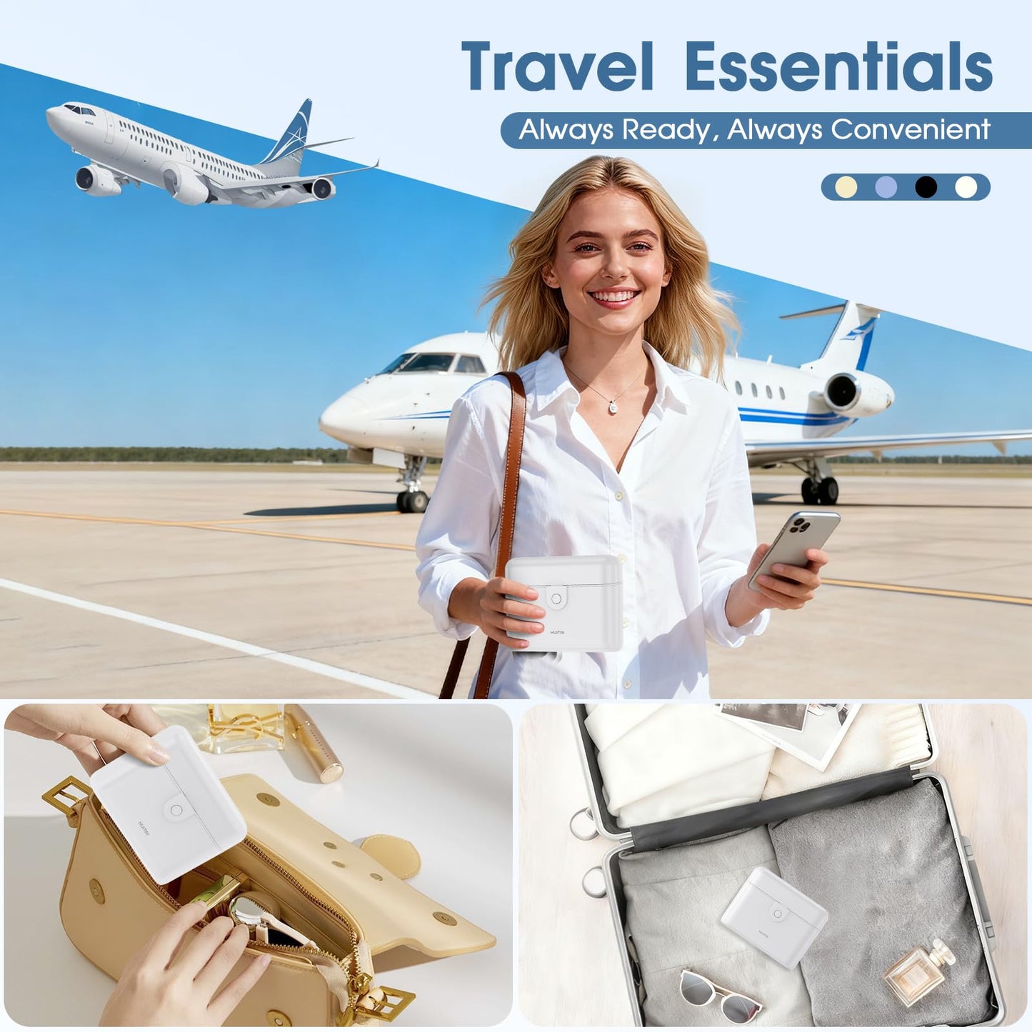 HUITAI Travel Bottles with Case, 4x2oz TSA Approved, Leak-Proof, Press to Unlock, Compact & Portable Travel Toiletries (White)
