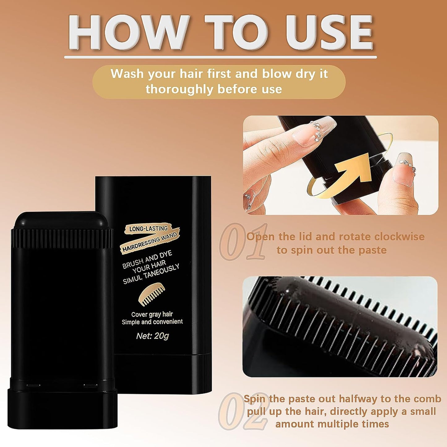 Instant Hair Color Stick & Comb - 2-in-1 Portable Touch-Up for Gray Hair Coverage | Waterproof, Quick Root Dye (Black)