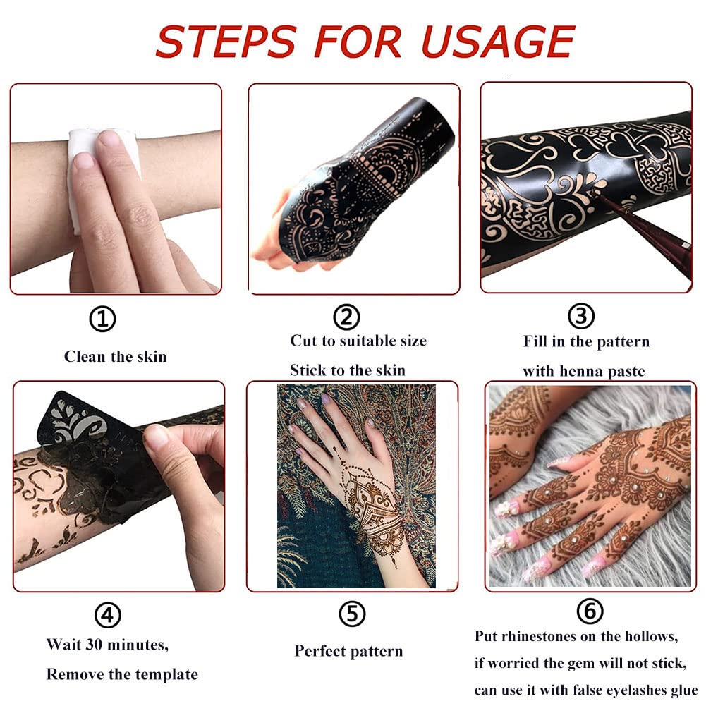 QSTOHENA Henna Tattoo Stencils kit, 12 Sheets Temporary Tattoo Stickers for Women Girls Indian Arabian Reusable Hand Tattoo Templates