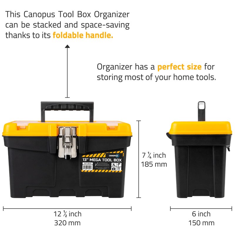 CANOPUS Plastic Toolbox, 13-inch Portable Mega Tool Box with Metallic Clutch, Tool Organizer with Extra Storage Tray for Home Tools, Nails and Pins, Black-Yellow