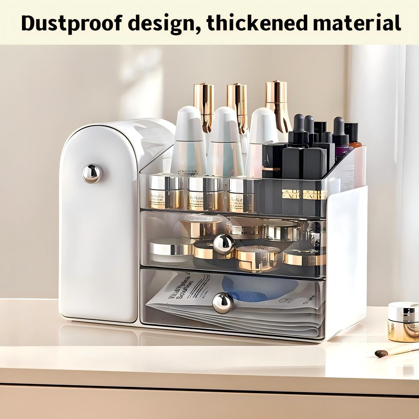 RONGZHIERK Makeup Organizer for Vanity with Covered Brush Holder,Bathroom Organizers with Drawer,Skin Care Organizer,Makeup Organizers for Vanity with Drawer,Large Makeup Storage for Dresser, White