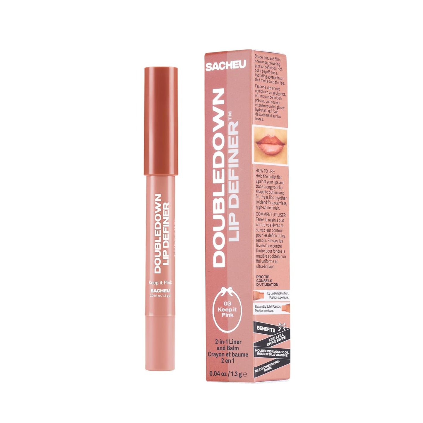 Sacheu DoubleDown Lip Definer - 2-in-1 Hydrating Lip Liner & Balm | Creamy Satin Finish, Avocado Oil, Keep It Pink