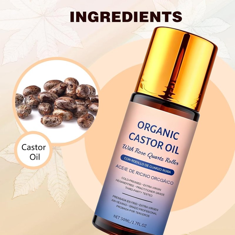 Organic Castor Oil Roll-On - 100% Cold Pressed Moisturizing Oil with Rose Quartz Roller | Travel-Friendly Skin & Hair Care (1pc)