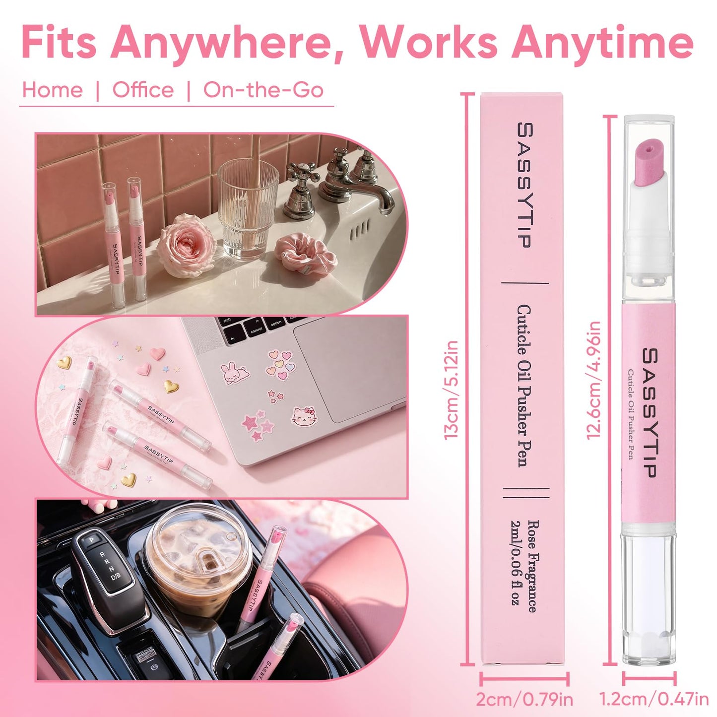 SASSYTIP Cuticle Oil Pusher Pen 2-in-1 Clean & Moisturize | Removes Dead Skin & Dirt from Nail Edges | Nourishing Jojoba & Almond Oils | At-Home or On-the-Go Manicure for Women & Men | Rose | 2ml