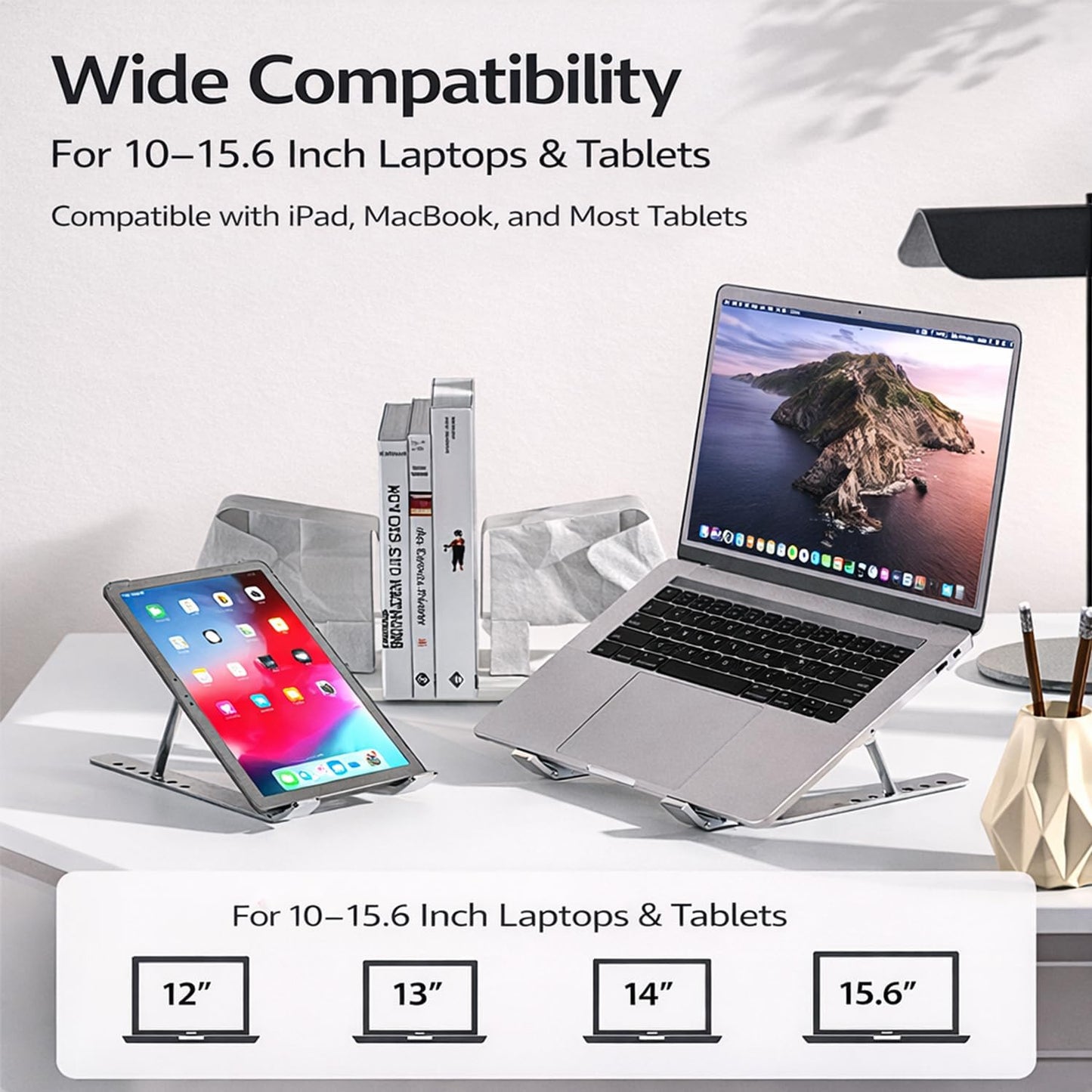 Portable Foldable Laptop Stand - Adjustable Height Ergonomic Riser for 10-15.6 Inch Laptops | Travel-Friendly Design in Black