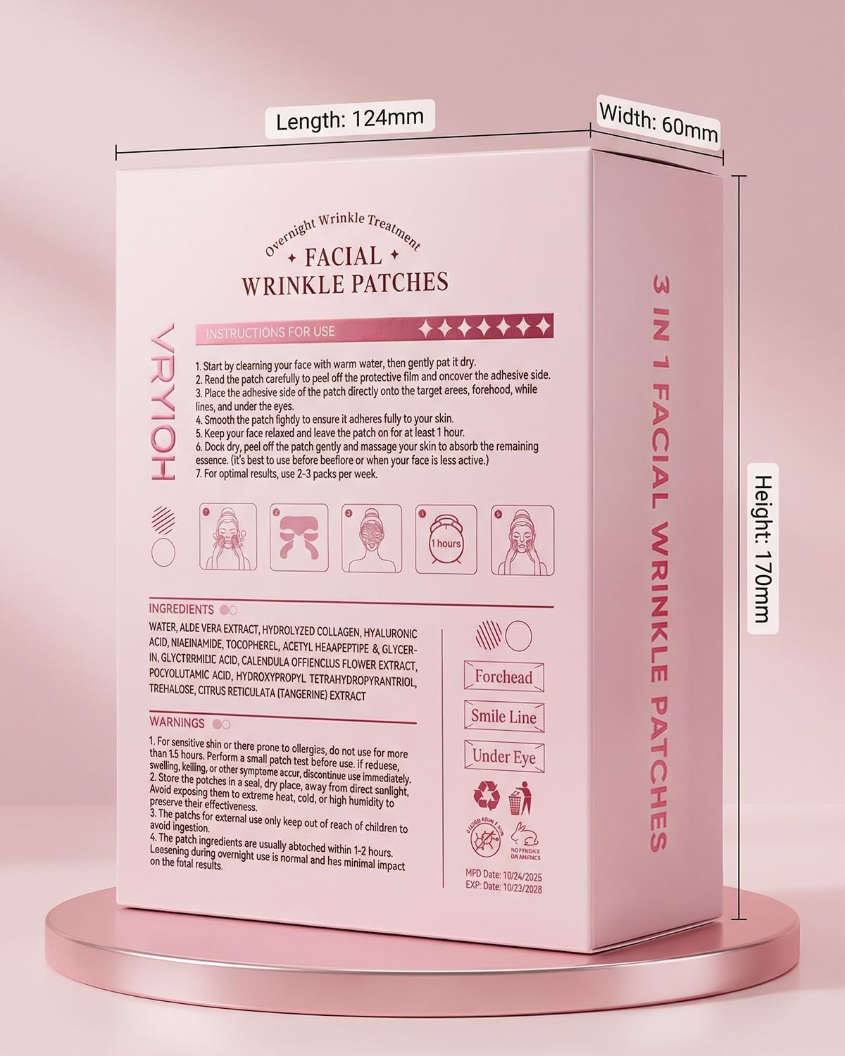 Facial Wrinkle Patches - 3 in 1 Collagen & Hyaluronic Acid Treatment | 60 Overnight Hydrogel Patches for Forehead & Smile Lines