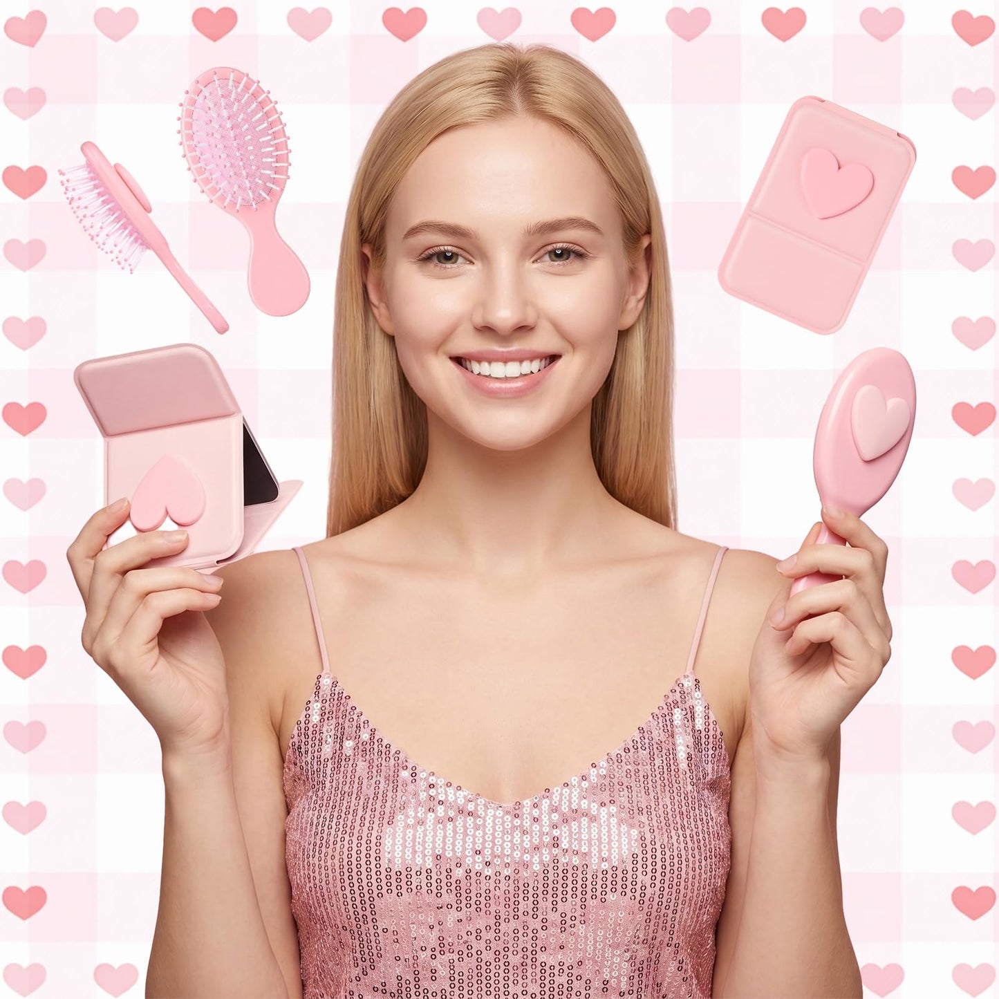 Amyhill 30 Pcs Coquette Heart Party Favor Compact Mirror Mini Hair Brush Travel Detangling Brush Bulk Preppy Heart Gift for Women Birthday Bridal Shower Bachelorette Graduation Party Supplies(Pink)