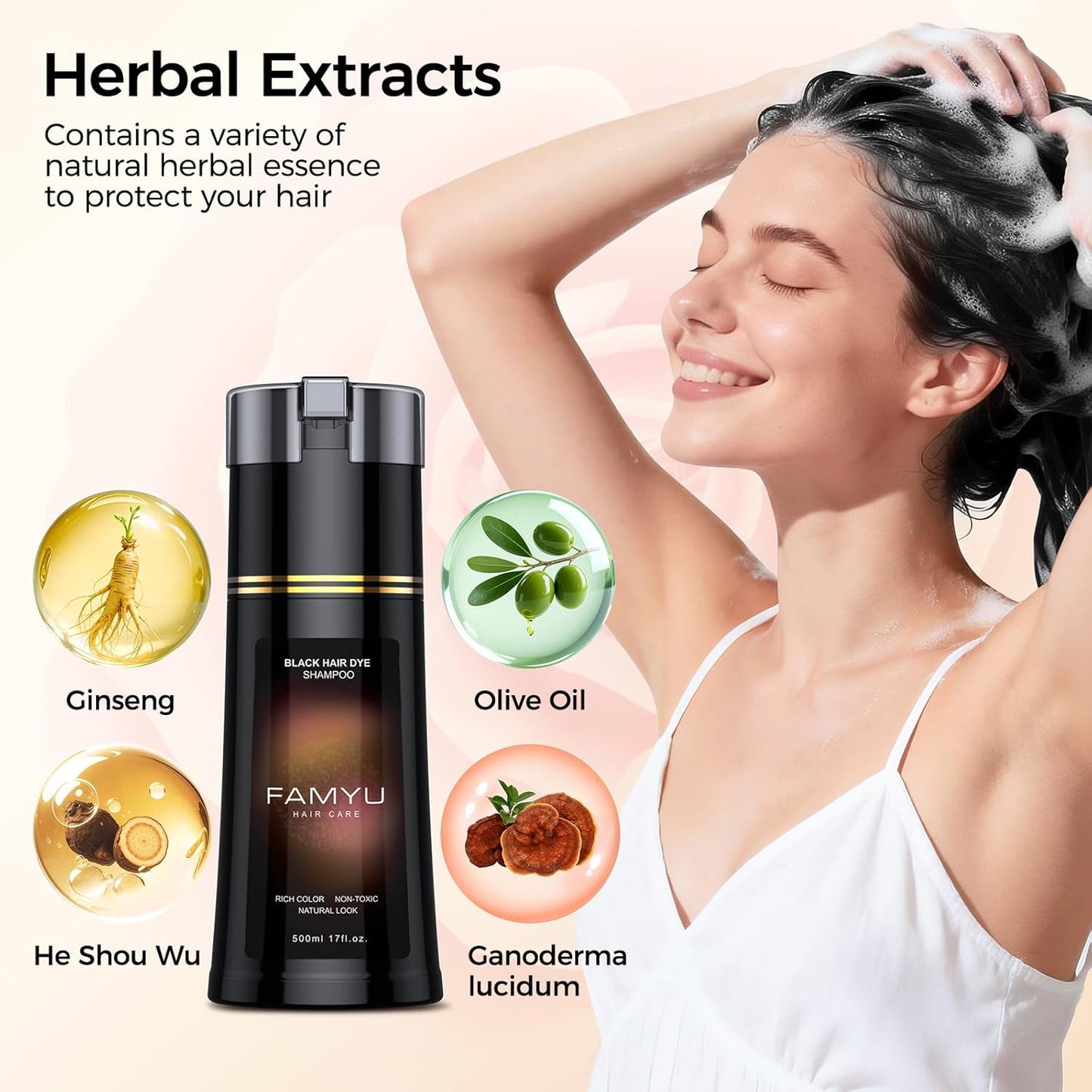 Black Hair Dye Shampoo - Long-Lasting Color for Men & Women | Herbal Formula for Grey Coverage, 17oz