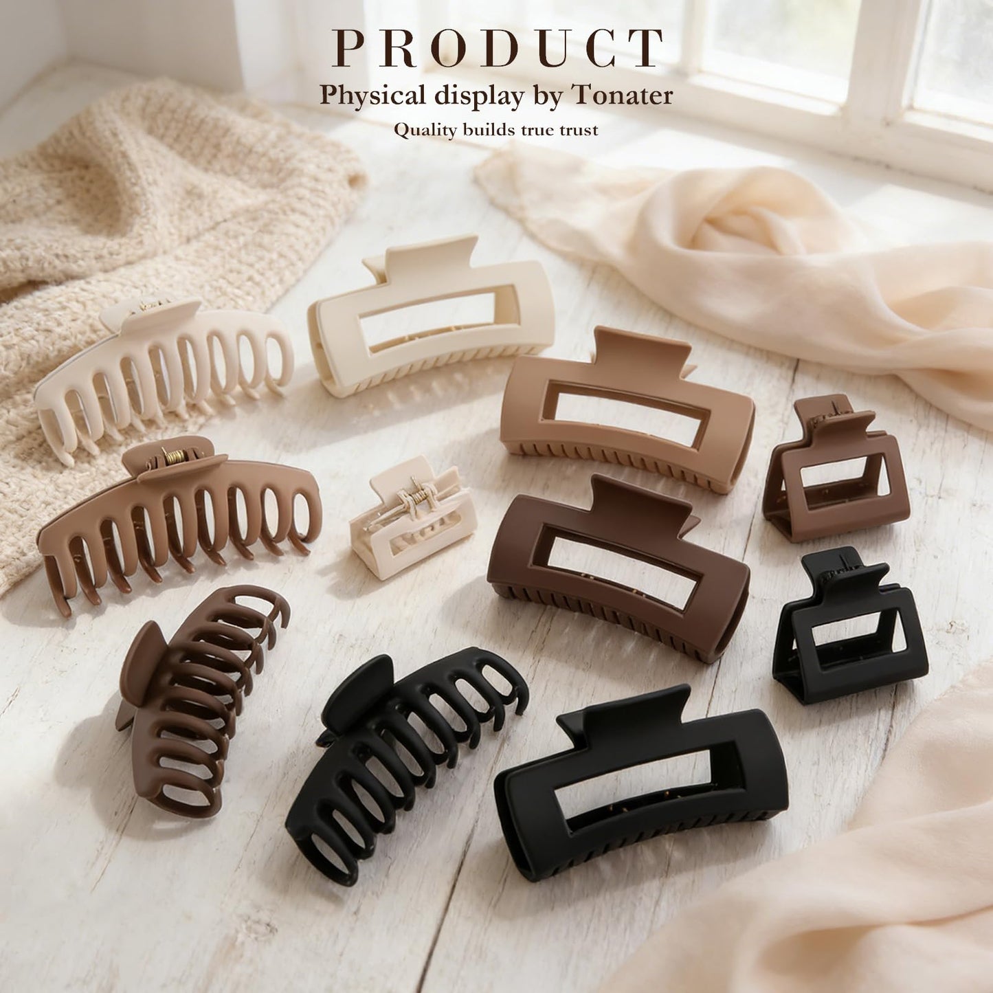 Tonater 12 Pack Matte Hair Claw Clips, 3 Styles Small Medium Large Durable PS Hair Claws for Women Girls, Strong Hold Non-Slip Hair Clips for Thick Thin Fine Curly Hair, Cute Simple Neutral Hair Gifts